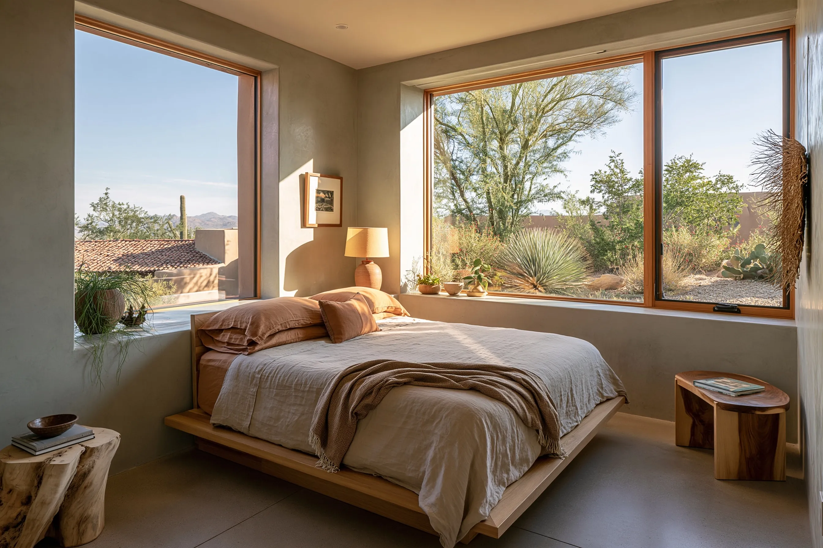 Bedroom with a matte honed satin concrete floor, linen bedding and a window onto desert landscaping and a clay tile roof beyond