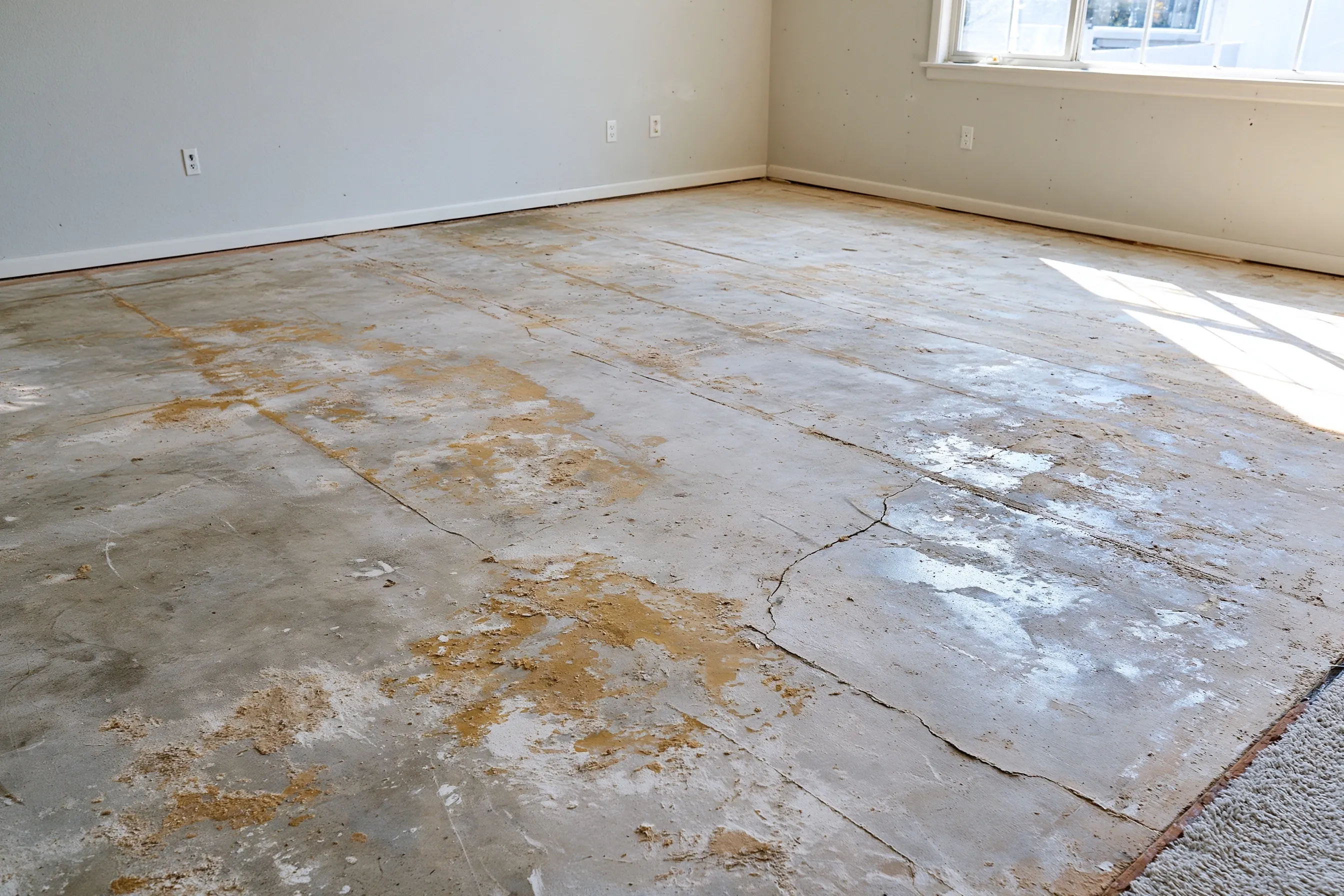 Concrete slab in an empty room after carpet removal, patches of old yellow adhesive and a few cracks visible, daylight from one window