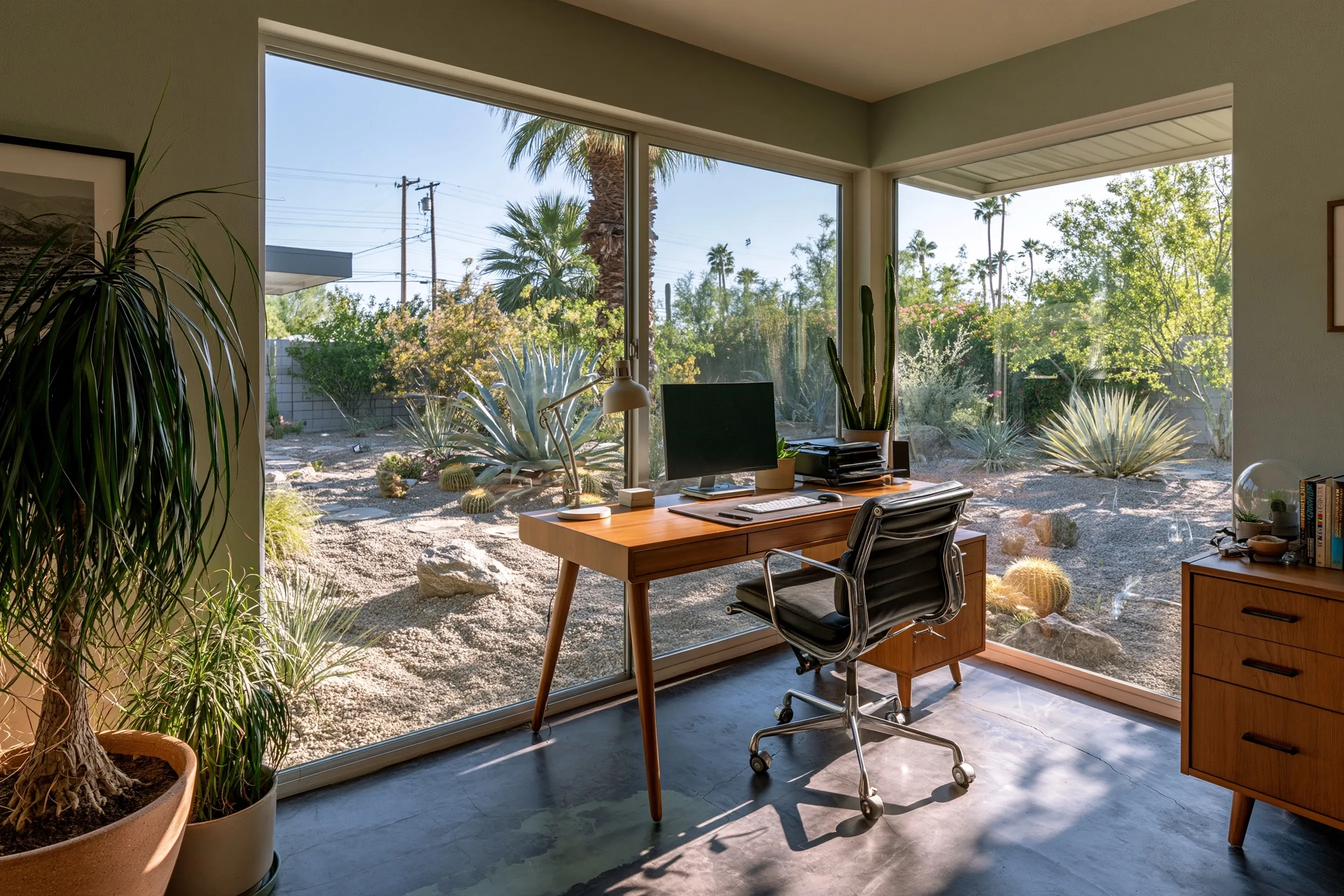 Home office with a deep charcoal and sage dyed polished floor, subtle variation, large window with desert garden outside