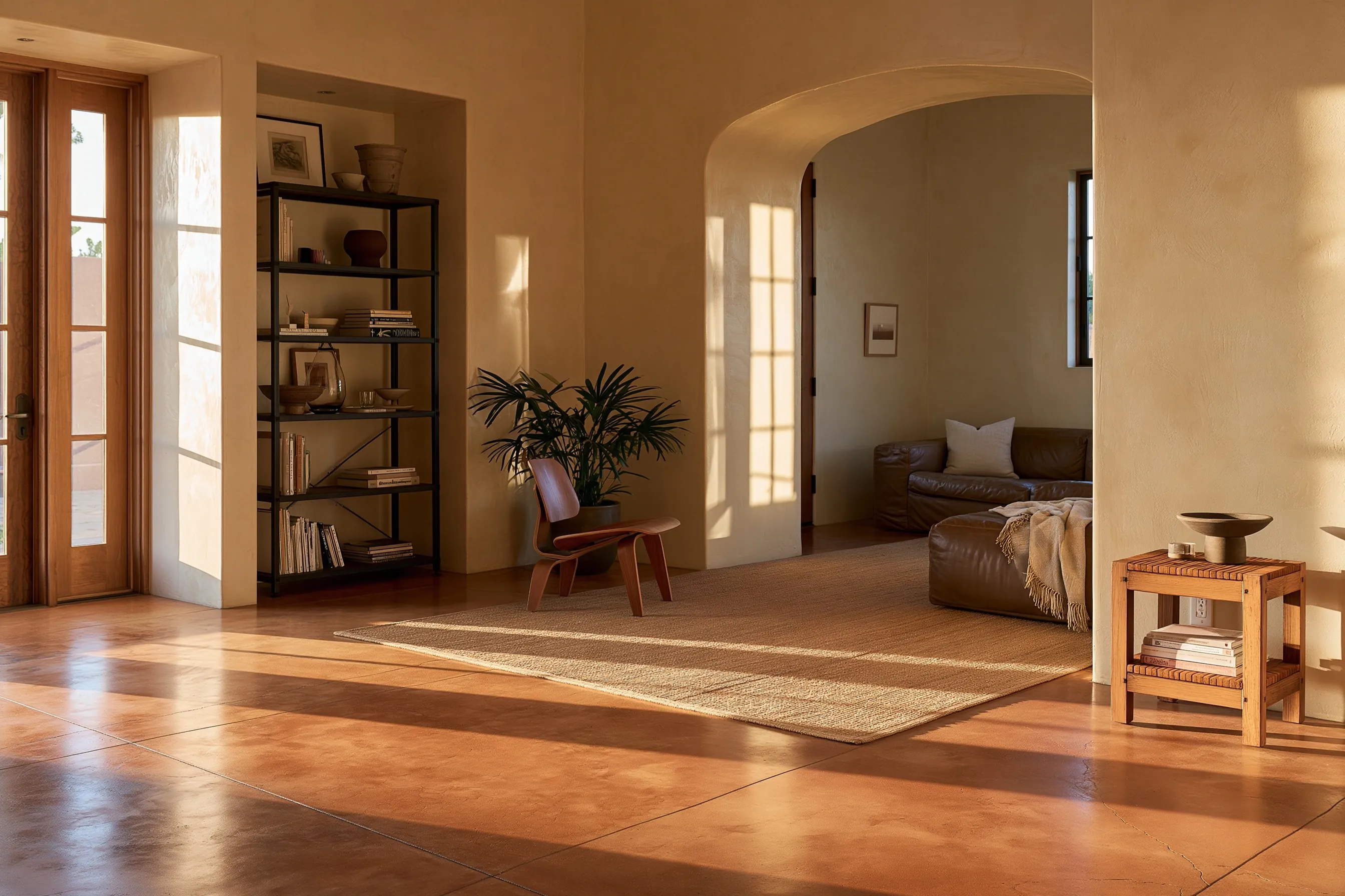 Living room with a warm terracotta-dyed polished concrete floor, mottled color, cream stucco walls, a woven rug, evening light