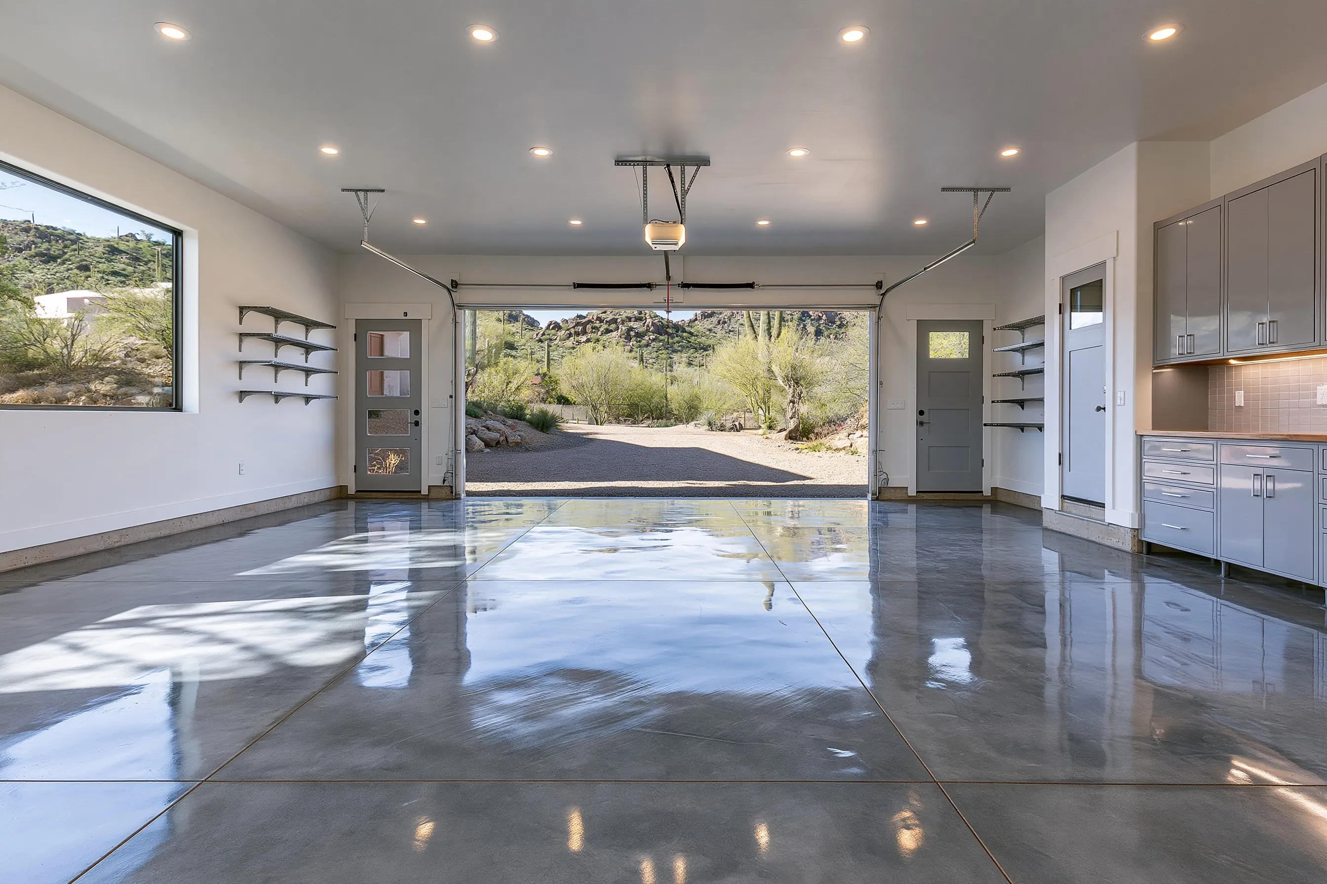 Wide three-car garage with a charcoal dyed and polished floor, light reflections, wall storage and a desert gravel driveway beyond
