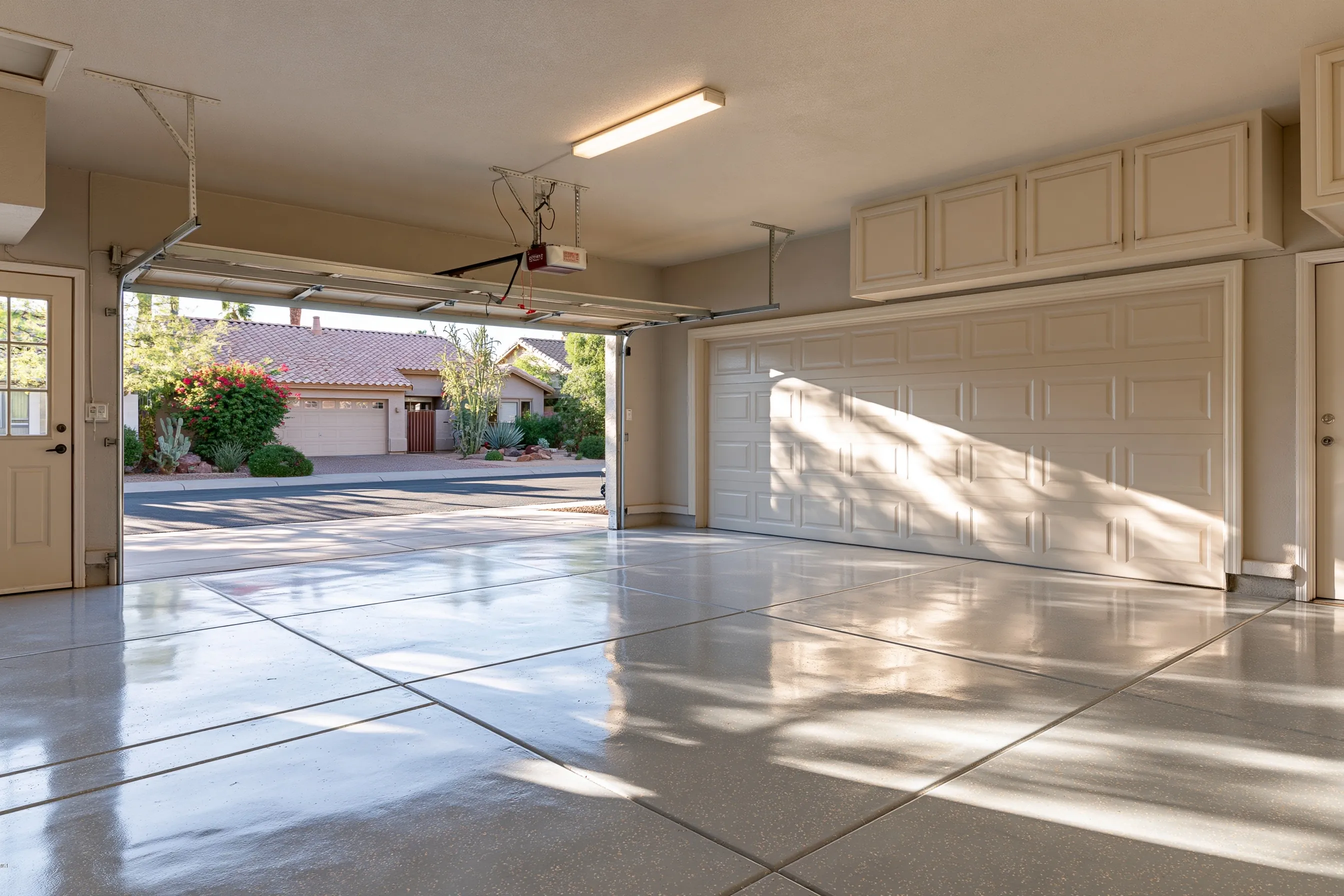 Clean two-car garage with a satin polished grey concrete floor, open stucco-clad garage door with a tile roof above, empty bay and a wall cabinet