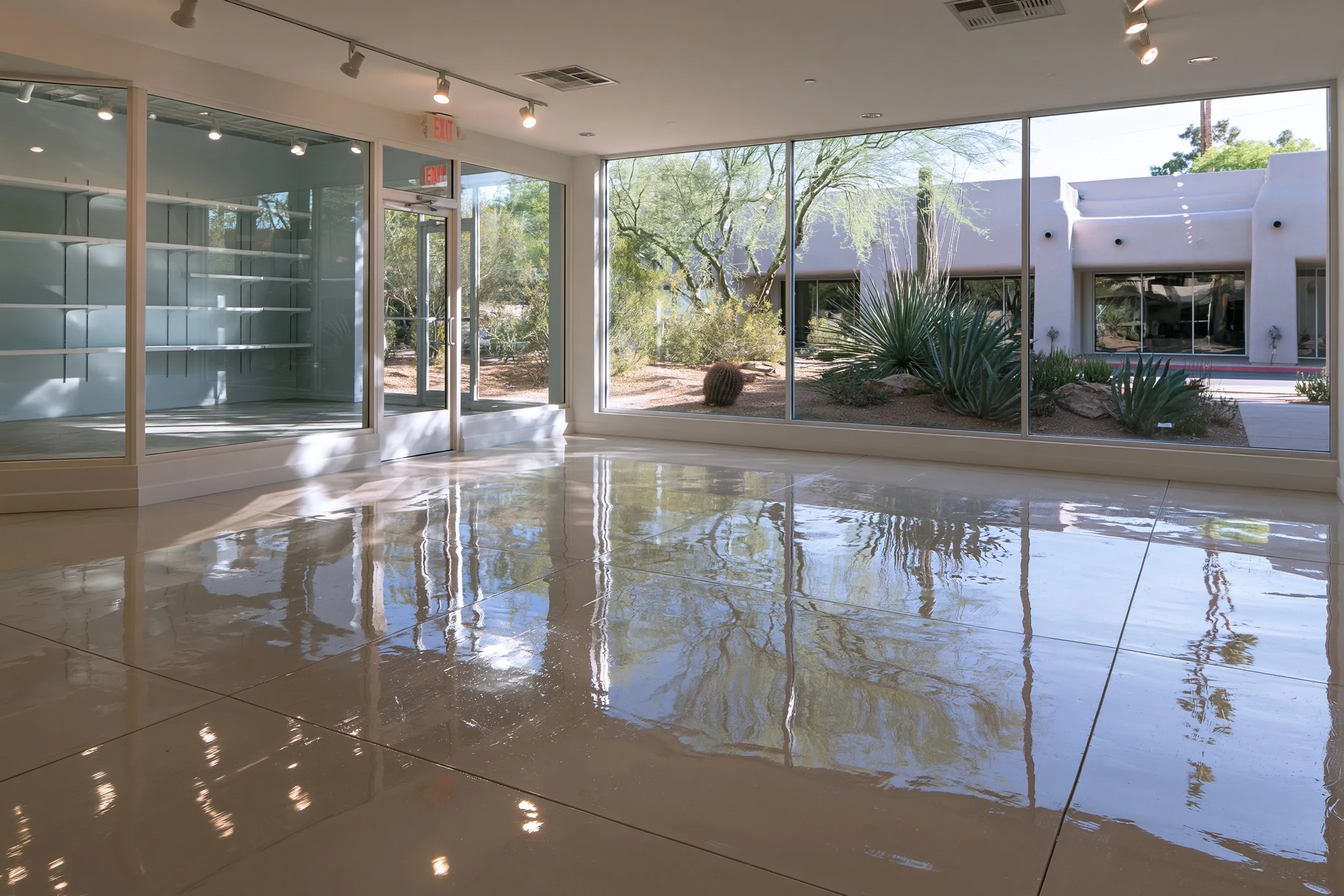Empty retail showroom with a high-gloss polished concrete floor reflecting storefront glass and display shelving, desert planting seen through the window