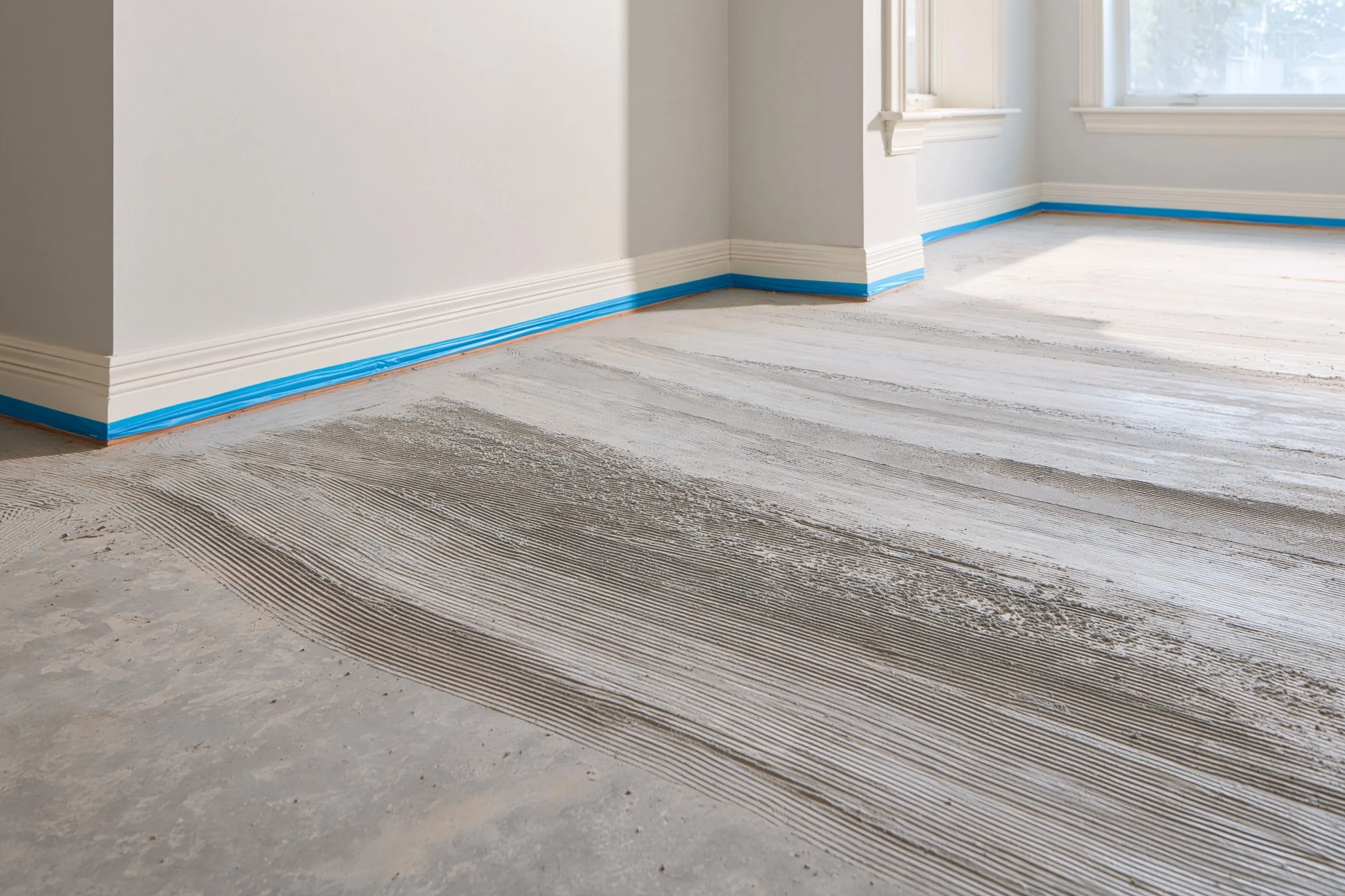 Concrete floor after ceramic tile removal showing leftover thinset ridges and a masking-taped wall edge, ready for grinding